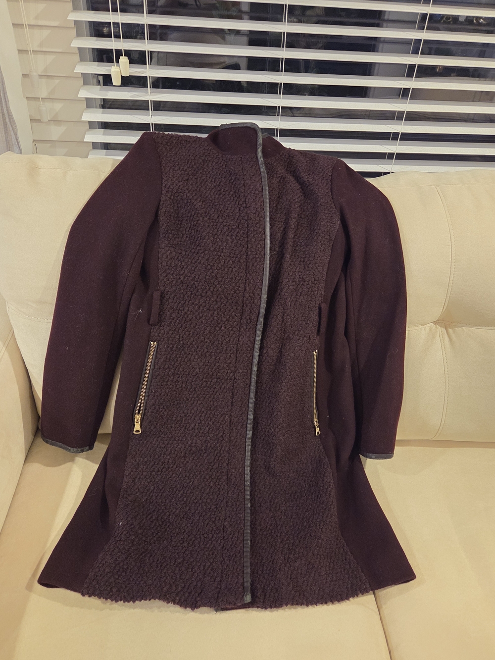 Vince Camuto Dark Brown Textured Wool-Blend Zip Coat